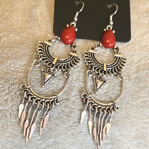 #087 Paparazzi Silver and Red Dangle Earrings - Picture 2 of 4